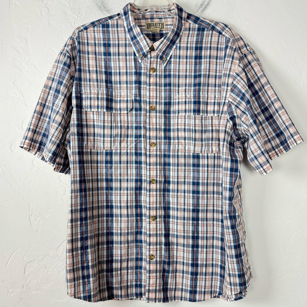 Duluth Trading Shirt Button Down Plaid Print Performance Fishing Blue Orange Top